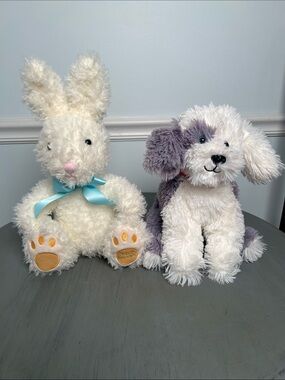F.A.O Schwartz. Plush Bunny & Puppy Set - Cream Bunny with Bow, White Gray Puppy